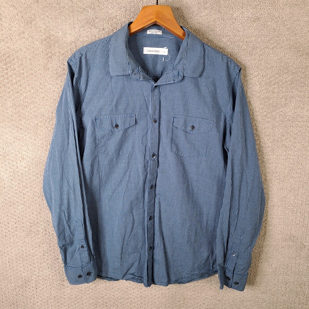Calvin Klein‎ Shirt Mens Large Blue Plaid Long Sleeve Button Down Cotton
